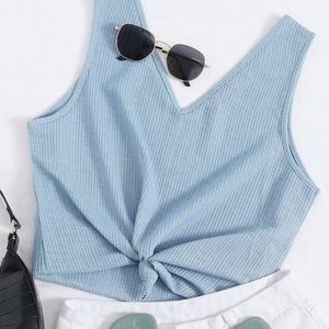 Blue tank top.